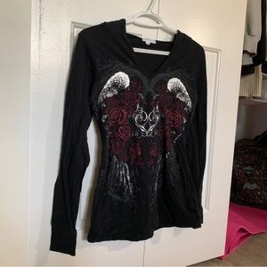 Vintage Gothic Black hooded tight long-sleeve grunge emo rhinestones